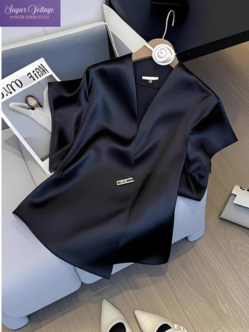 Satin Blouse Women Elegant V Neck Short Sleeve Loose Office Shirt