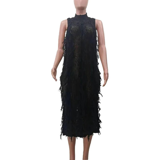 Fur Hollow Out Perspective Midi Dress Women Round Neck Sleeveless Slim Dress