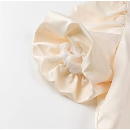 Solid Satin Women's Blouse Top With Pouf Balloon Sleeve O Neck Loose Blouses