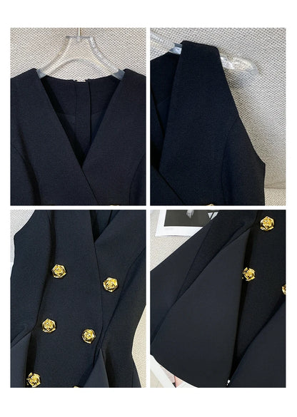 French Elegant Sleeveless A-Line Tunic Blouse Black Classic Gold Button