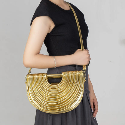 Gold Luxury Designer Brand Handwoven Noodle Bags Half Round Silver Evening Clutch