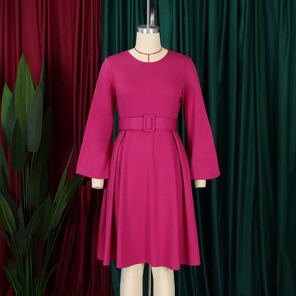 Elegant Office Dresses Women O Neck Full Sleeve Belt Waisted Pleated A Line Mid Calf Formal Female Business Work Wear Dress Midi