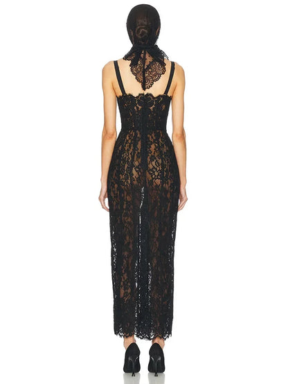 Sexy Spaghetti Strap Square Neck Lace Long Dress Women Black Floral Lace Bodycon Dress
