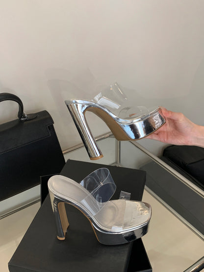 Designer PVC Transparent Platform Slippers Women Square Toe High Heels Slides Shoes