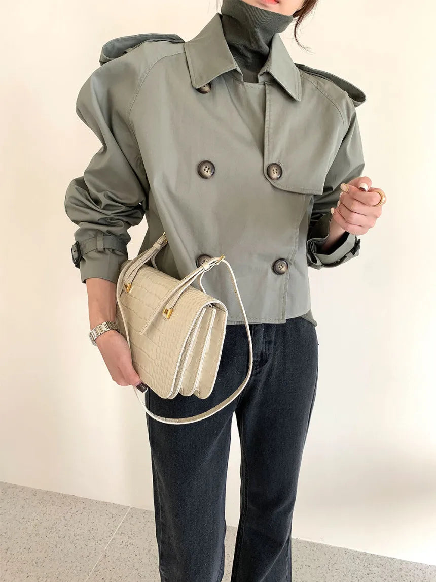 Vintage Double Breasted Crop Jacket Trench Jackets Women Loose Chic Windbreaker