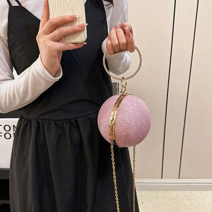 Gold Bright Silk Circular Evening Bag Women Banquet Clutch Rhinestone Chain Shoulder Bags