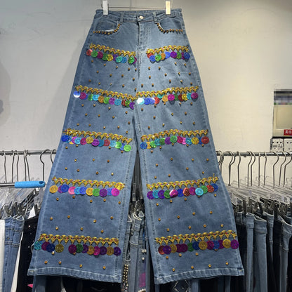 Sequined Denim Rhinestones Jeans Sleeveless Cowboy Vest + Jeans Pants