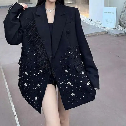 Stamping Nail Beads Blazer for Women's Notched Collar Double Breasted Loose Feather Patchwork Suit Jacket