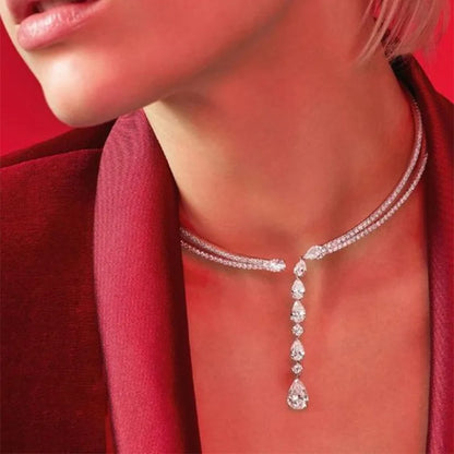 Vintage Open Rhinestones Collar Water Droplets Pendant Necklace