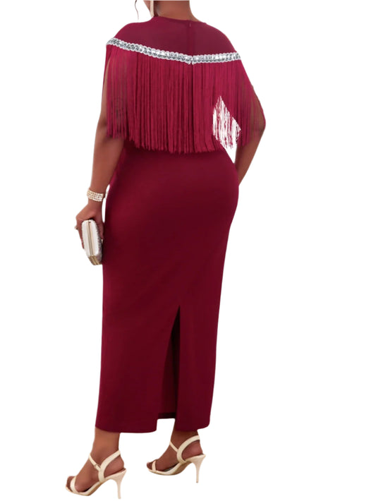 Women Vintage Wine Fringe Patchwork Dress O Neck Tulle High Waist Slim Formal Evening Dress Party Wedding  Prom Maxi Gowns