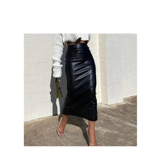 Elegant PU Leather Pencil Midi Skirts Women Slim High Waist Black Skirts