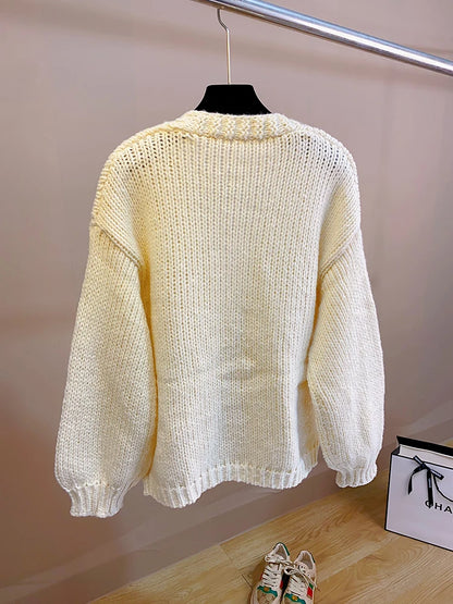 Women Handknit Floral Vintage Apricot Cardigan Women Sweater Clothes Knitwear