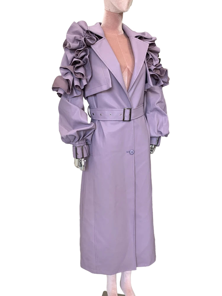 Autumn Long Ruffled Purple Pu Leather Trench Coat for Women