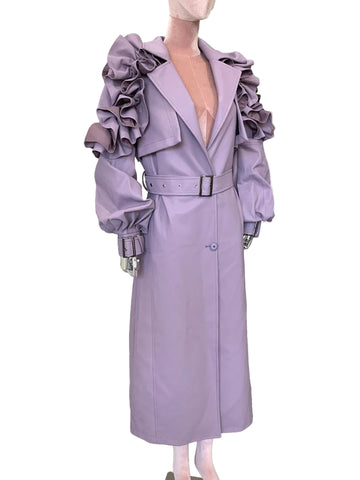 Autumn Long Ruffled Purple Pu Leather Trench Coat for Women