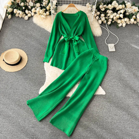 Casual Two Pieces Suits Long Sleeve Knitted Cardigan Coat+Elastic Waist Wide Leg Pants