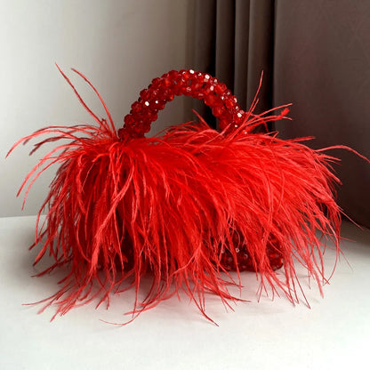 Pearl Bead Bag With Feather Fur Designer Brand Clear Acrylic Crystal Handbag Handmade