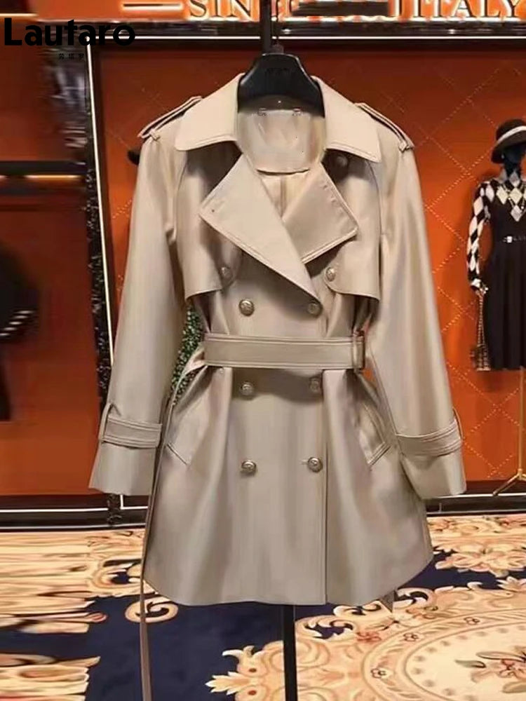 Autumn Khaki Satin Trench Coat for Women British Style Belted Double Breasted Coat
