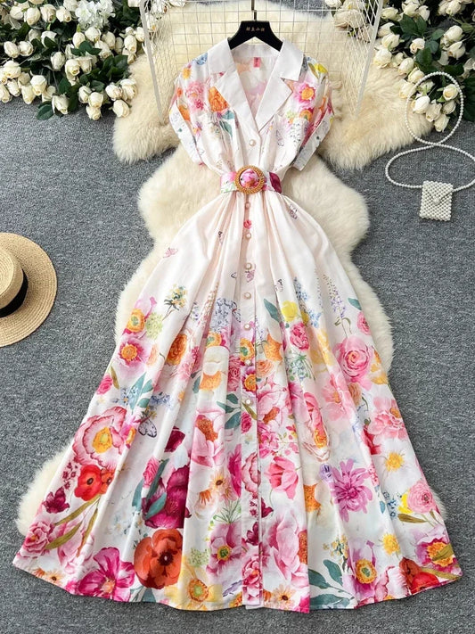 Elegant Vintage Turn-Down Collar Evening Dress Women Print Sashes Button Long Party Dress Female Summer Dress