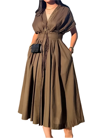 V-neck Lace-up Midi Dress Short Sleeve Backless Pleated Dress