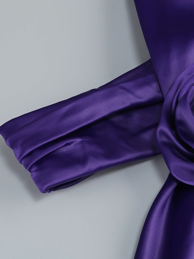 Bridesmaids Neck 3D Flower Backless Long Dress Women Purple Sleeveless Ribbon Draped Maxi Dress