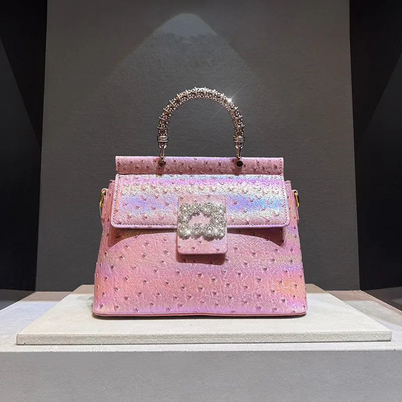 Ostrich Pattern Leather Women's Handbags Diamond-encrusted Shell Bag