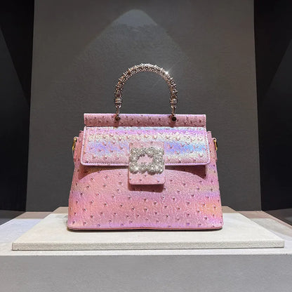 Ostrich Pattern Leather Women's Handbags Diamond-encrusted Shell Bag
