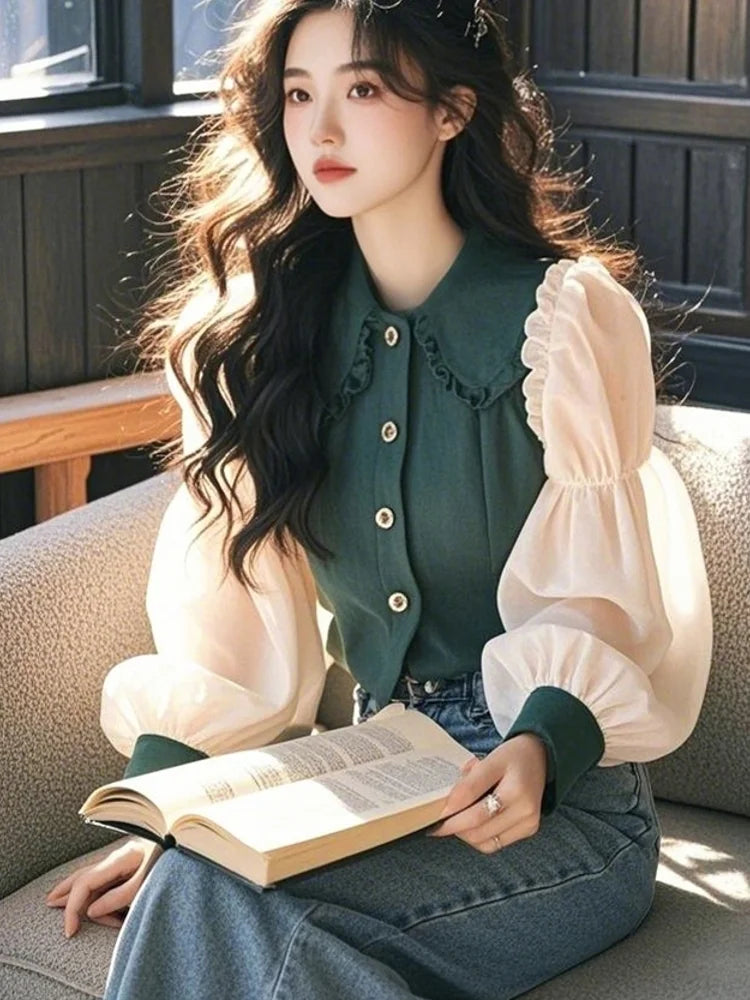Vintage Women's Blouses Korean Shirts  Loose Chiffon Patchwork Long Sleeve Ruffle Top