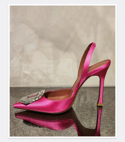Oval Rhinestone Buckle Toe Sandals Pointed Thin Heel Hollow Banquet High Heels