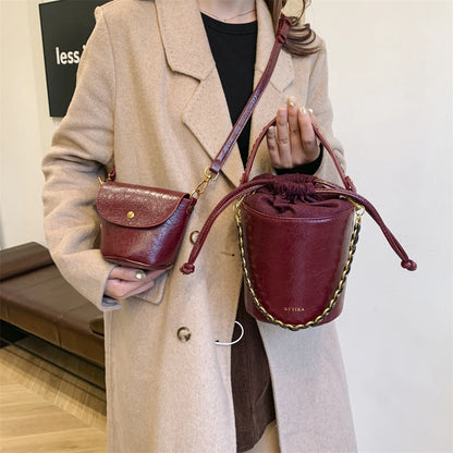Retro Bucket Crossbody Bags For Women Oil-waxed Leather 2-IN-1 Chain Shoulder Bag