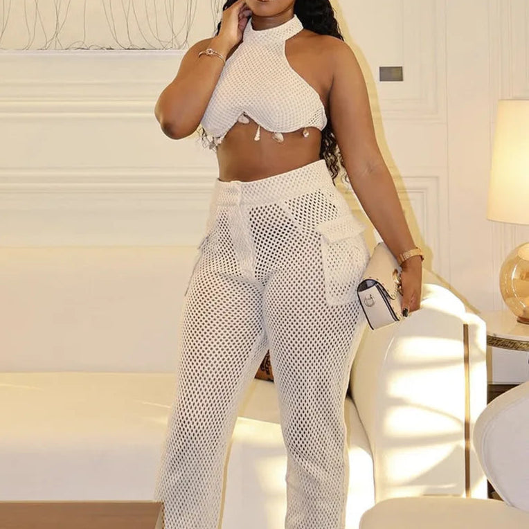 Women's Two Piece Solid Color Neck Hanging Skirt Top with Hollow Pocket Pants Set