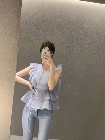 Lace Up Top Ruffled V-neck Sleeveless Shirts Blouse for Women