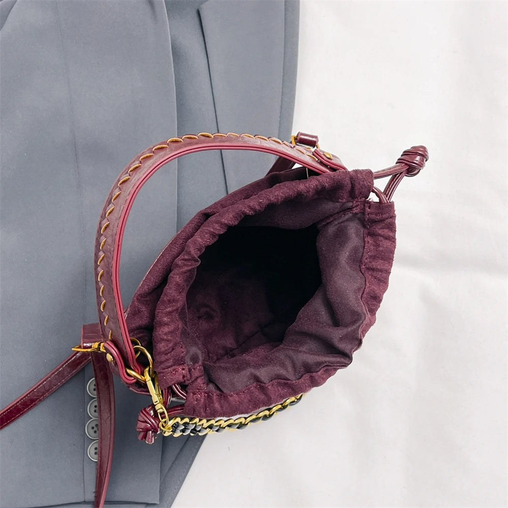 Retro Bucket Crossbody Bags For Women Oil-waxed Leather 2-IN-1 Chain Shoulder Bag