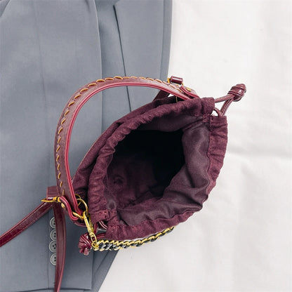Retro Bucket Crossbody Bags For Women Oil-waxed Leather 2-IN-1 Chain Shoulder Bag