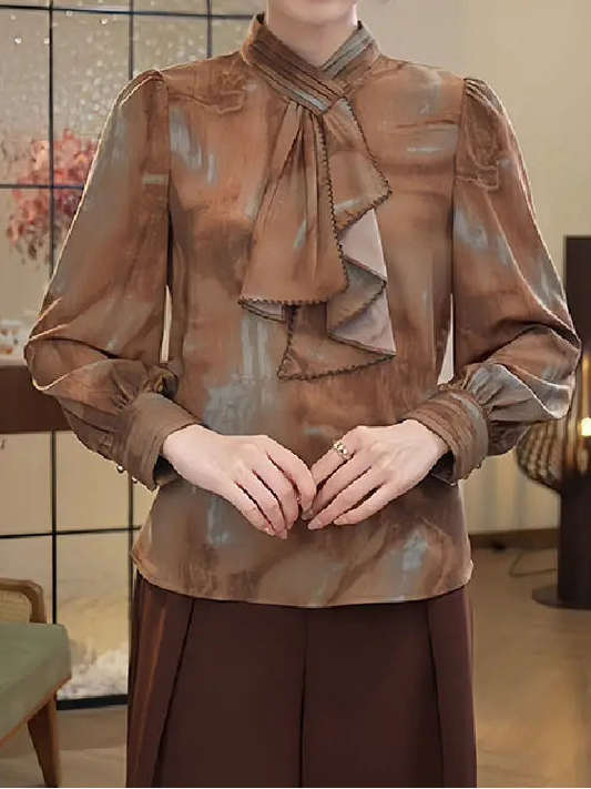 Women's High-End Fashionable Long-Sleeved Ribbon Tie-Dye Blouse