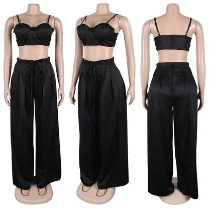 Sexy Zip Crop Camisole and High Waisted Drawstring Wide Leg Trousers 2 Piece Women Pants Suit Streetwear