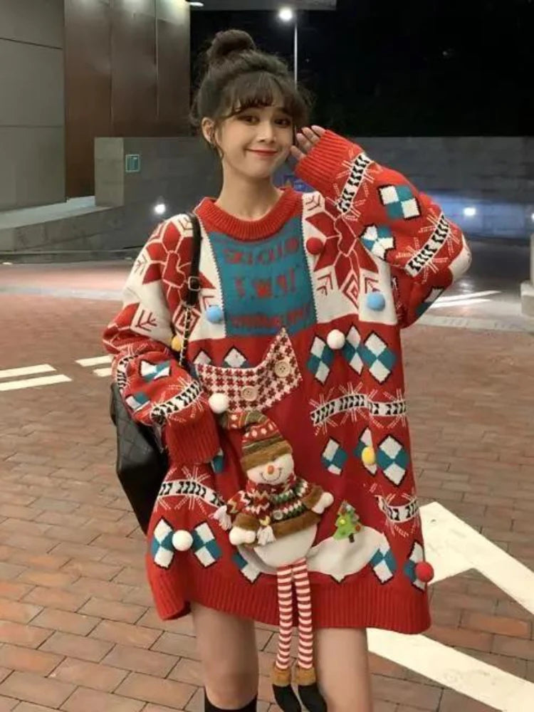 Knitted Pullover Loose Lazy Contrasting Colors Winter Sweater Christmas Sweater