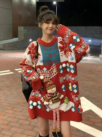 Knitted Pullover Loose Lazy Contrasting Colors Winter Sweater Christmas Sweater