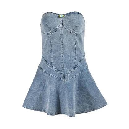 Women Stretch Denim Washed Wrap Backless Ruffle Dress