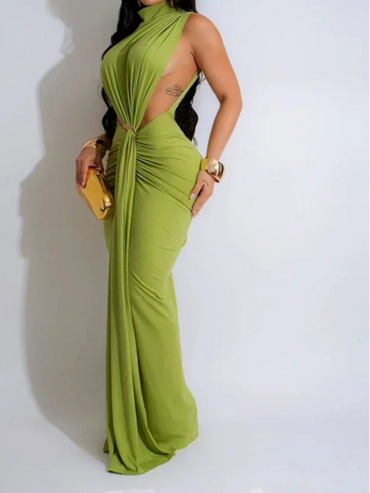 Women O-neck High Split Stacked Bodycon Maxi Dress Evening Party Club Dress