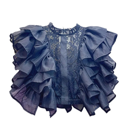Women Blouse Shirts Stand Collar Y2k Tops Ruffles Lace Sexy Blouses