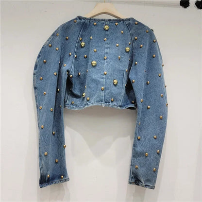 Women Rivets Long Lantern Sleeve Denim Coat Short Pearls Top Bomber Jacket Cowboy Jacket