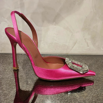 Oval Rhinestone Buckle Toe Sandals Pointed Thin Heel Hollow Banquet High Heels