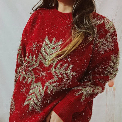 Loose-fit Line Big Snowflake Christmas Sweater Women's Pullover Thickened Crew Neck Sweater