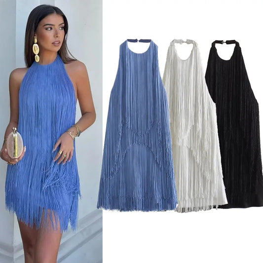 Women's Solid Color Hanging Neck Sling Backless Tassel Mini Dress