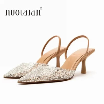 Women High Heels Pearl Decoration Slingback Pumps Pointed Toe High Heels