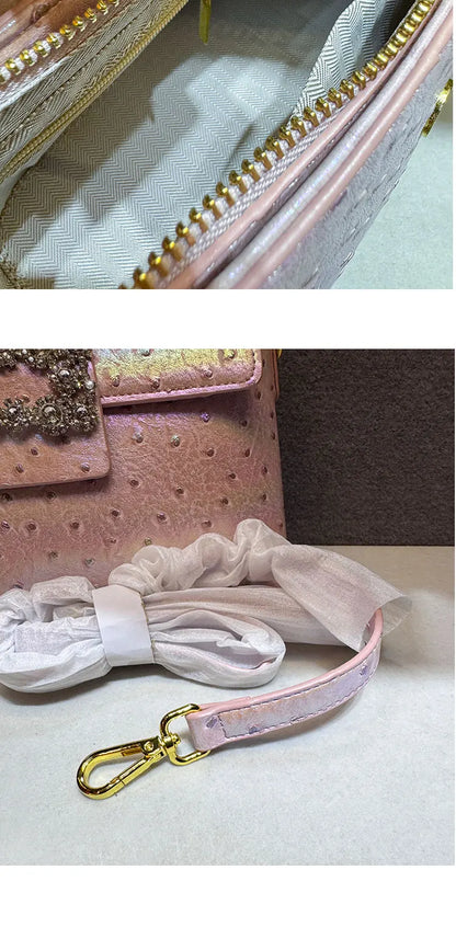 Ostrich Pattern Leather Women's Handbags Diamond-encrusted Shell Bag
