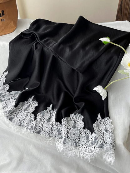 Satin Skirt With Lace Trim Patchwork Pack Hip Long A-line Skirt