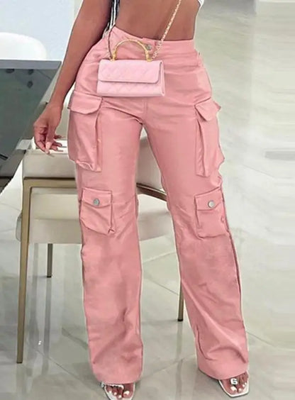Pink Cargo Pants for Women 2024 Spring Straight Leg Solid Multi-Pocket Pants