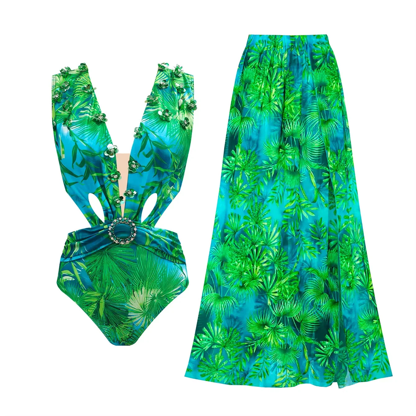 Women Swimsuit With Skirt High Waist Swimwear Cover-up Female Skirts Fashion Printed Dress Beachwear