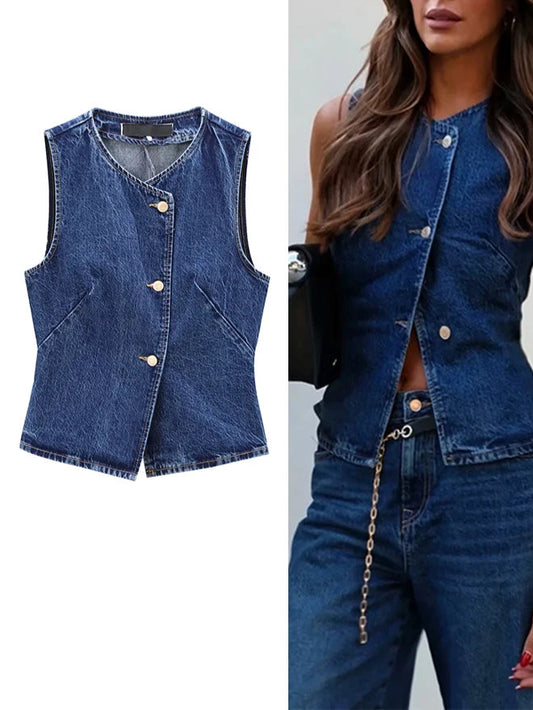 Women's Short Vest Blue Denim Vest Top Casual Cropped Sleeveless Top